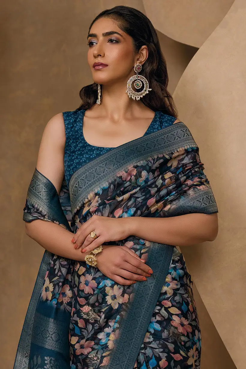 Navy Blue Chanderi Floral Print Saree